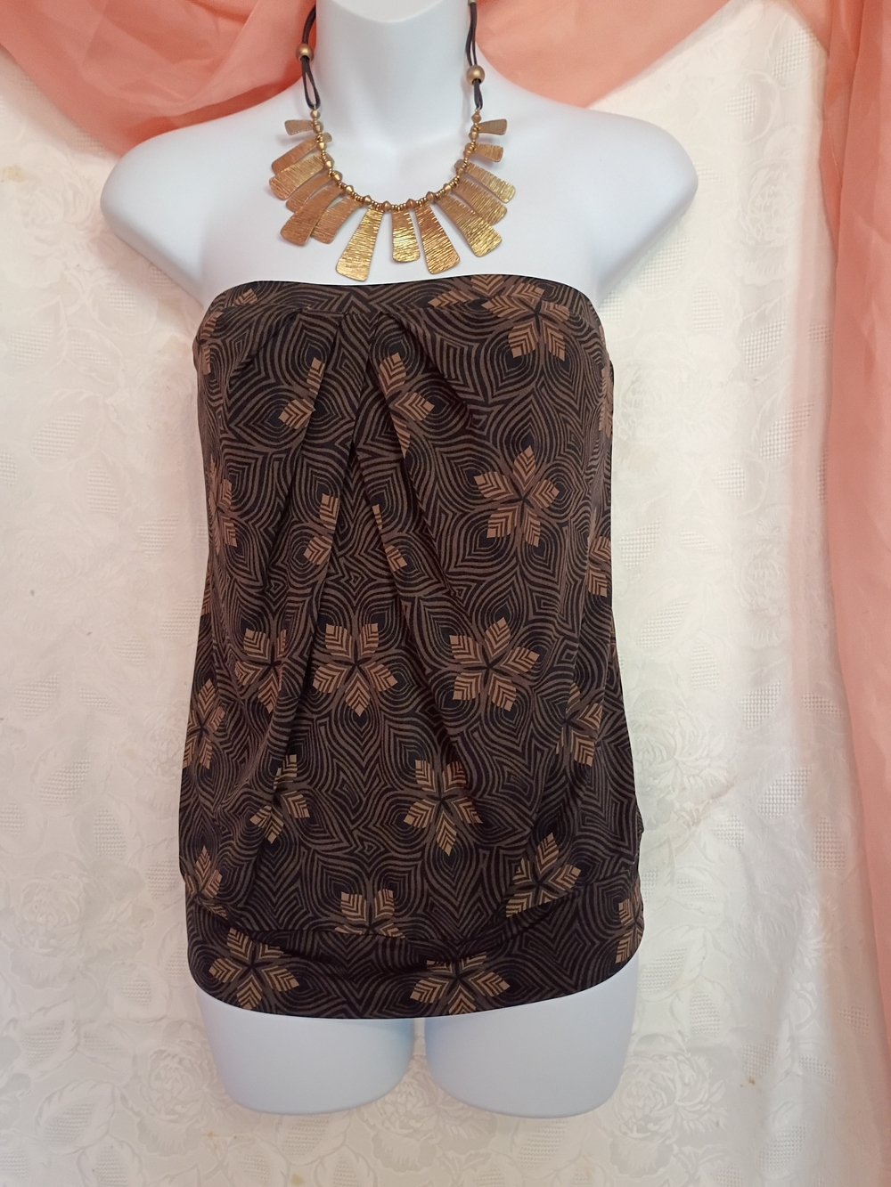 New York & Company Brown and Tan Strapless Floral Top Sz M